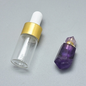 Faceted Natural Amethyst Openable Perfume Bottle Pendants, with Brass Findings and Glass Essential Oil Bottles, 31~38x12~13mm, Hole: 0.8mm, Glass Bottle Capacity: 3ml(0.101 fl. oz), Gemstone Capacity: 1ml(0.03 fl. oz)