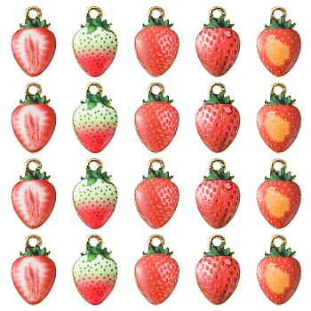 25Pcs 5 Styles Printed Alloy Pendants, Lead Free & Cadmium Free & Nickel Free, Strawberry Charm, Light Gold, Red, 17x10.5x2.5mm, Hole: 1.8mm, 5pcs/style