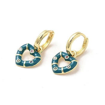 Heart Real 18K Gold Plated Brass Dangle Hoop Earrings, with Cubic Zirconia and Enamel, Teal, 21.5x11.5mm