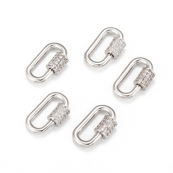 Brass Micro Pave Cubic Zirconia Screw Carabiner Lock Charms, for Necklaces Making, Long-Lasting Plated, Oval, Clear, Real Platinum Plated, 17.1x10.5x2mm