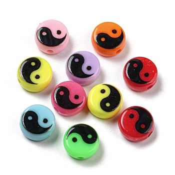 Opaque Acrylic Beads, Flat Round with Taiji Pattern, Mixed Color, 10x5mm, Hole: 1.8mm