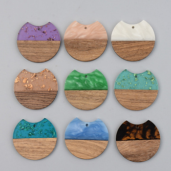 Resin & Walnut Wood Pendants, Gap Flat Round, Mixed Color, 34x36.5x3mm, Hole: 2mm