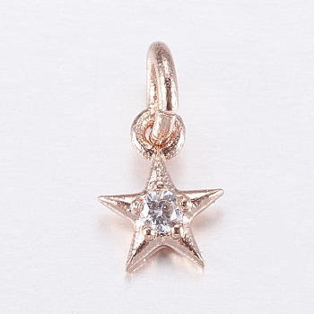 Brass Micro Pave Cubic Zirconia Charms, Star, Rose Gold, 8x6x2mm, Hole: 3mm