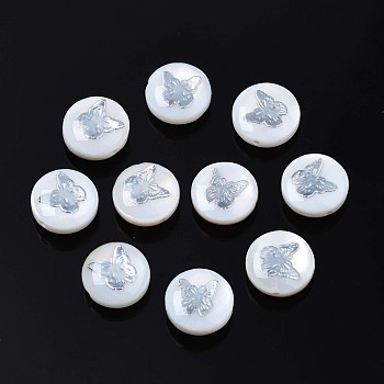 Natural Freshwater Shell Beads, with Brass Metal Embellishments, Flat Round with Butterfly, Platinum, 8x4~5mm, Hole: 0.6mm