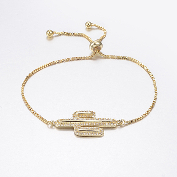 Adjustable Brass Micro Pave Cubic Zirconia Bolo Bracelets, Slider Bracelets, with Brass Box Chains, Cactus, Golden, 10-5/8 inch(270mm)
