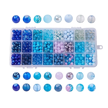 Mixed Style Glass Beads, Dyed, Round, 24 Colors, Gradient Color, Blue, 8mm, Hole: 1.3~1.6mm, about 27~30pcs/color, 648~720pcs/box