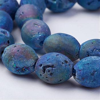 Electroplated Natural Druzy Geode Agate Bead Strands, Drum, Blue, 9.5~10.5x8mm, Hole: 1mm, about 20pcs/strand, 7.48 inch