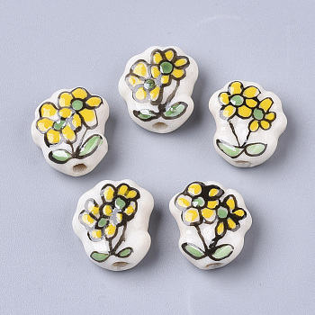 Handmade Porcelain Beads, Famille Rose Style, Flower, Gold, 15.5x14x6.5mm, Hole: 1.8mm