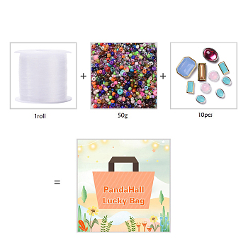 Pandahall Lucky Bag, Including 50G Glass Seed Beads, 10Pcs Sew on Taiwan Acrylic and 1Roll Nylon Wire, Mixed Color, 10~105mm