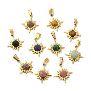 Gemstone Faceted Sun Pendants, Golden Tone 304 Stainless Steel Charms, 19x17x4mm, Hole: 6x3mm