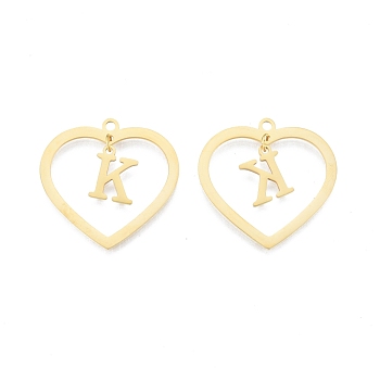 201 Stainless Steel Pendants, Hollow, Heart with Letter A~Z, Real 18K Gold Plated, Letter.K, 29x29.5x1mm, Hole: 2mm, A~Z: 12x8~10.5x1mm