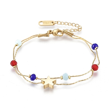 304 Stainless Steel Multi-strand Bracelets, with Faceted Glass Beads, Coreana Chains and Lobster Claw Clasps, Star, Colorful, 6-3/8 inch(16.2cm)