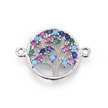 Brass Micro Pave Cubic Zirconia Links, Flat Round with Tree of Life, Colorful, Platinum, 14.5~15x19.5~21x2.5mm, Hole: 1.2mm