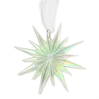 Christmas Transparent Plastic Pendant Decoration, for Christma Tree Hanging Decoration, with Iron Ring and Net Gauze Cord, Pale Green, Snowflake, 200mm, Snowflake: 113.5x122x10.6mm