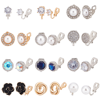 12 Pairs 12 Style Plastic Pearl Flat Round & Flower & Knot Clip-on Earrings with Clear Cubic Zirconia, Brass Non-piercing Jewelry for Women, Mixed Color, 8~18x9~17x10.5~17mm, 1 Pair/style