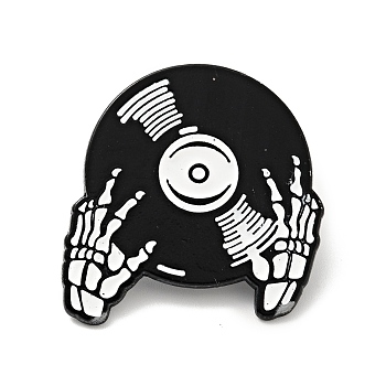 Skull Hand with Records Enamel Pin, Halloween Alloy Badge for Backpack Clothes, Electrophoresis Black, White, 31x30x1.5mm
