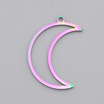 Ion Plating(IP) 201 Stainless Steel Pendants, Moon Charm, Laser Cut, Rainbow Color, 26x18x1mm, Hole: 1.6mm