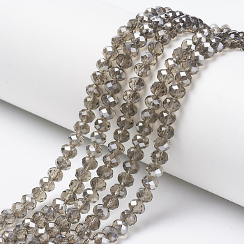 Electroplate Transparent Glass Beads Strands, Half Gray Plated, Faceted, Rondelle, Tan, 6x5mm, Hole: 1mm, about 85~88pcs/strand, 16.1~16.5 inch(41~42cm)