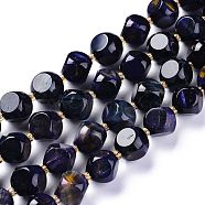 Natural Tiger Eye Beads Strands, Dyed & Heated, with Seed Beads, Six Sided Celestial Dice, Midnight Blue, 11.5~12.5x11.5~12.5mm, Hole: 1mm, about 29~30pcs/strand, 15.55~15.94inch(39.5~40.5cm)(G-A030-B01-04-12mm)