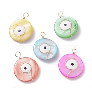 Natural Freshwater Shell Pendants, with Real 18K Gold Plated Eco-Friendly Copper Wire, Flat Round with Evil Eye, Mixed Color, 32.5x25x6.5mm, Hole: 4mm(PALLOY-JF01210)