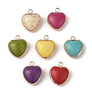 Synthetic Turquoise Dyed Pendants, Heart Charms with Golden Plated Brass Findings, Mixed Color, 20x16.5~17x7.3~7.5mm, Hole: 2.2mm(G-H289-03G)