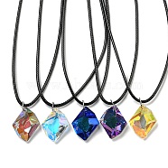 Waxed Cord Necklaces, K9 Glass Pendant Necklaces, Rhombus, Mixed Color, 18.11 inch(46cm)(NJEW-P310-09P)