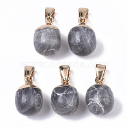 Top Golden Plated Natural Labradorite Pendants, with Iron Snap on Bails & Loop, Barrel, 17~19x11.5~12.5mm, Hole: 4x6mm(G-T131-03C)