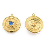 304 Stainless Steel Pendants, with Sapphire Rhinestone, Flat Round with Eye, Real 18K Gold Plated, 17.5x15x3mm, Hole: 1.5mm(STAS-N098-166LG)