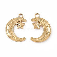 Ion Plating(IP) 304 Stainless Steel Pendants, Moon with Star, Real 18K Gold Plated, 24x16x2mm, Hole: 3mm(STAS-K242-02G)