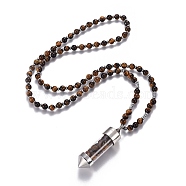 Natural Tiger Eye Pendant Necklace, with Glass Beads and Brass Findings, Bullet, 27.9 inch(71cm), beads: 6mm, pendant: 65x17.5mm(NJEW-I109-A04)