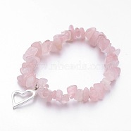 Alloy Charm Bracelets, Heart, with Natural Rose Quartz Chip Beads and Elastic Crystal Thread, Silver Color Plated, 2-1/4 inch(55mm)(X-BJEW-JB02481-01)