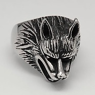 Unique Retro Men's 304 Stainless Steel Wolf Rings, Antique Silver, 17~23mm(RJEW-F006-176)