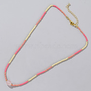 Summer Beach Style Natural Rose Quartz & Colorful Seed Beads Beaded Necklace for Women, Hot Pink, 16-1/2 inch(42cm)(KD2923-4)