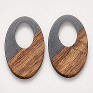 Transparent Resin & Walnut Wood Pendants, Waxed, Oval, Gray, 35.5x21.5x3~4mm, Hole: 16x10mm(RESI-S384-001A-B01)