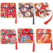 WADORN 6Pcs 6 Styles Square Cloth Jewelry Packing Pouches Drawstring Bags with Tassel, Printed Gift Pouches with Zipper, Mixed Color, 12x12x0.3cm, 1pc/style(ABAG-WR0001-05)