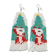 Boho Seed Bead Christmas Father Tassel Earrings, Iron Dangle Earring for Women, Light Sea Green, 111x35mm(EJEW-Q380-03C)