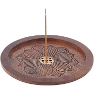 Wood Incense Burners, Flat Round with Lotus Incense Holders, with Brass Finding Home Office Teahouse Zen Buddhist Supplies, Coffee, 120.5x20mm, Hole: 2.1mm & 2.5mm & 3.5mm, Inner Diameter: 100mm(AJEW-WH0033-98G)