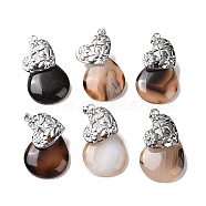 Natural Agate Pendants, Teardrop Charm, with Platinum Tone 304 Stainless Steel Heart Findings, 41mm, Teardrop: 36X25X5mm, Hole: 4.5mm(G-H279-03P)