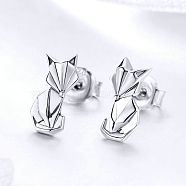925 Sterling Silver Stud Earrings, with 925 Stamp, Fox, Antique Silver, 13x7mm(EJEW-FF0010-09AS)