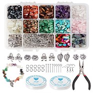 DIY Jewelry Sets, with Shell Beads, Gemstone Chip Beads, Tibetan Style Alloy Pendant, Jump Rings, Pins, Brass Earring Hooks and Carbon Steel Needle Nose Pliers, Elastic Crystal Thread, Mixed Color, 14x10.8x3cm(DIY-CJ0004-02)