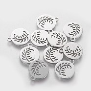 304 Stainless Steel Charms, Flat Round with Leaf, Stainless Steel Color, 14x12x1mm, Hole: 1.5mm(STAS-Q201-T190)