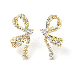 Left and Right Bowknot Brass Micro Pave Clear Cubic Zirconia Stud Earrings with Glass for Women, Real 18K Gold Plated, 24x12.5mm(EJEW-L285-009G)