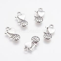 Alloy Pendants, Phrase I Love Basketball, Antique Silver, 16x9x2.5mm, Hole: 2mm(PALLOY-G192-17AS)