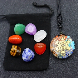 Natural Mixed Healing Stones Set for Meditation Reiki, with 7 Chakra Nuggets Stone & 1Pc Flat Round Pendant Necklace, 12~18mm(PW-WG52507-01)