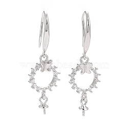 Anti-Tarnish Rhodium Plated 925 Sterling Silver Earring Hooks, with Clear Cubic Zirconia, Ring with Butterfly, for Half Drilled Beads, Platinum, 32mm, 21 Gauge, Pin: 0.7mm and 0.6mm, Tray: 6x3mm(STER-D035-37P)