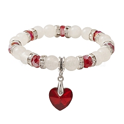 Natural Quartz Crystal & Glass Beaded Stretch Bracelet with Heart Charms for Valentine's Day, Red, Inner Diameter: 2-1/8 inch(5.45cm)(BJEW-TA00284)