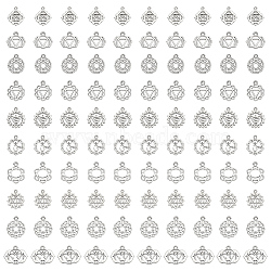 Elite 100Pcs 10 Style Chakra Zinc Tibetan Style Alloy Pendants, Antique Silver, Ohm/Aum, Mixed Shapes, 13.5~22.5x13~21x1~1.8mm, Hole: 1.6~1.8mm, 10pcs/style(FIND-PH0009-01)