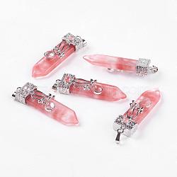 Cherry Quartz Glass Big Pendants, with Alloy Findings, Arrow, Platinum, 56~58x16x10mm, Hole: 5x7mm(G-G718-A04)