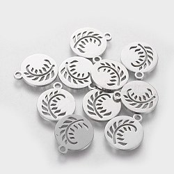 304 Stainless Steel Charms, Flat Round with Leaf, Stainless Steel Color, 14x12x1mm, Hole: 1.5mm(STAS-Q201-T190)