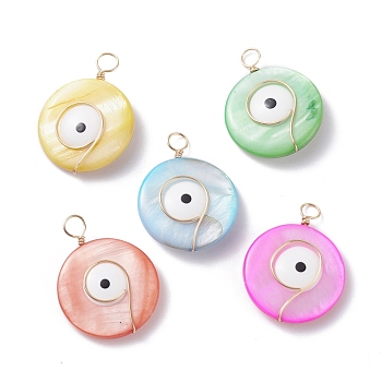 Natural Freshwater Shell Pendants, with Real 18K Gold Plated Eco-Friendly Copper Wire, Flat Round with Evil Eye, Mixed Color, 32.5x25x6.5mm, Hole: 4mm
